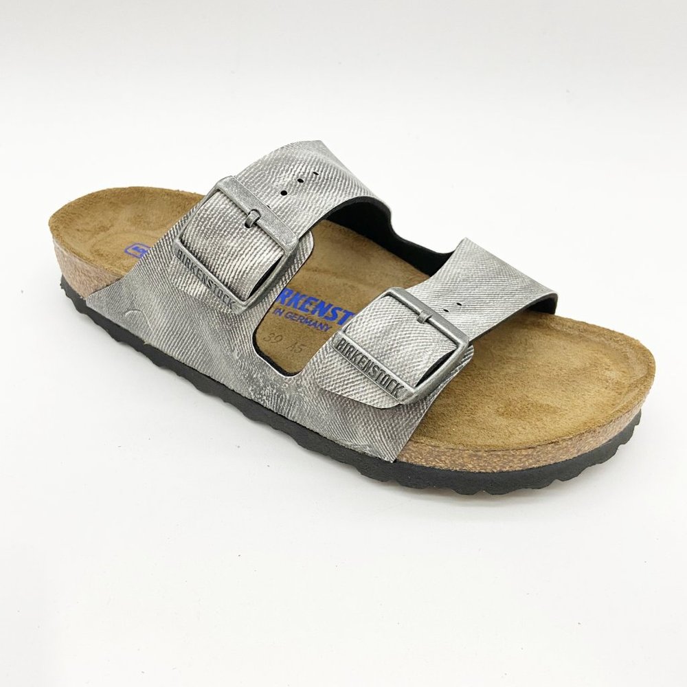 Birkenstock Arizona Washed Out Gray Leather Slide Sandals Narrow Fit